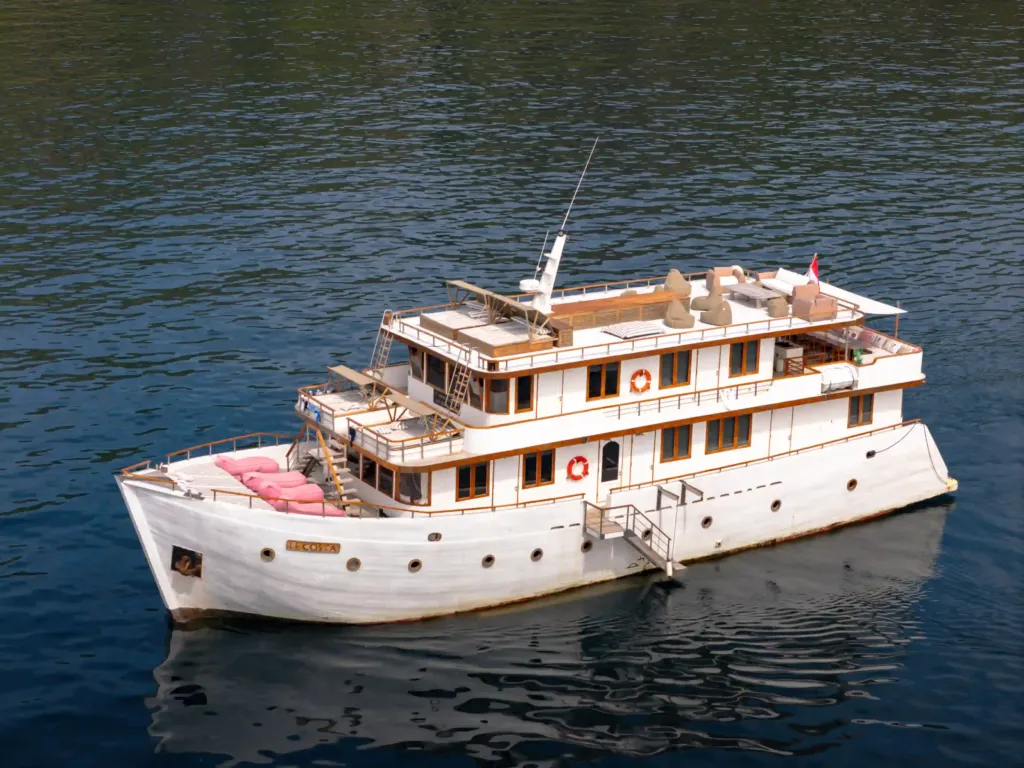 The liveaboard Le Costa seen from above on calm water