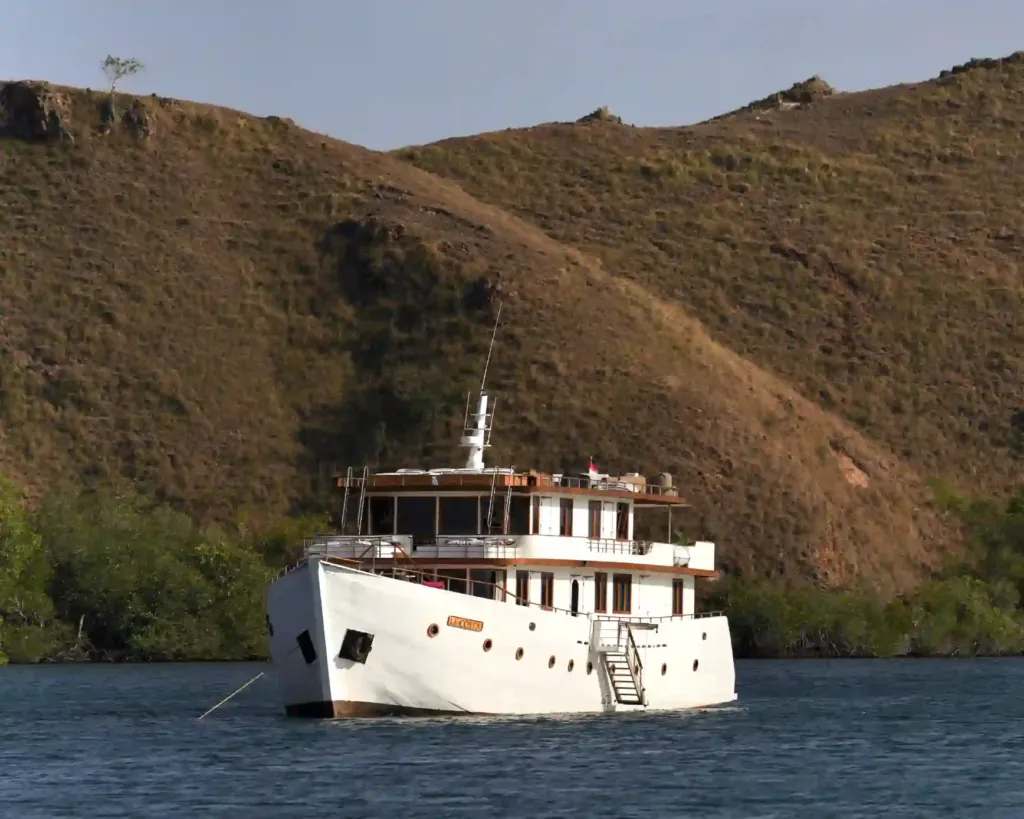 A liveaboard at anchor below the dry hills of Rinca Island