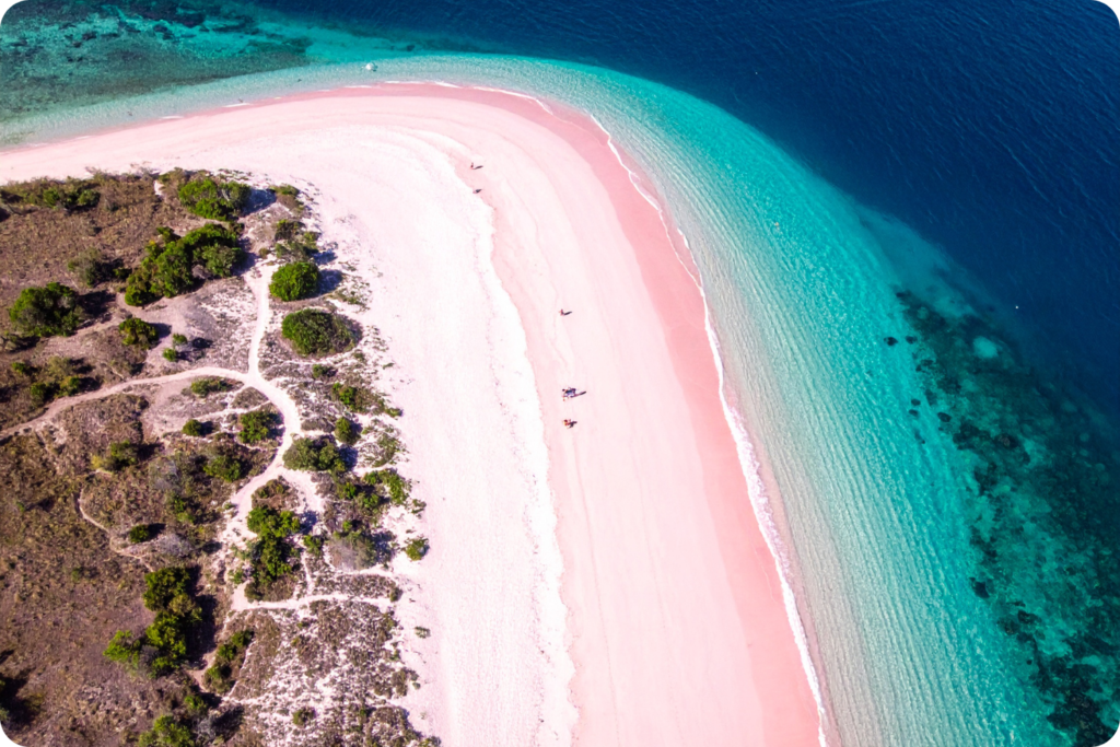 A long beach of pink sand beside turquoise water, seen from above